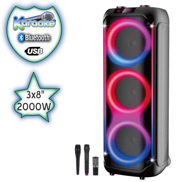 Луксозна 3x8" Тонколона караоке EK 3888 LUX с Bluetooth, Безжичен микрофон, USB, Радио, Цветомузика, Вграден акумулатор + Подарък професионален микрофон