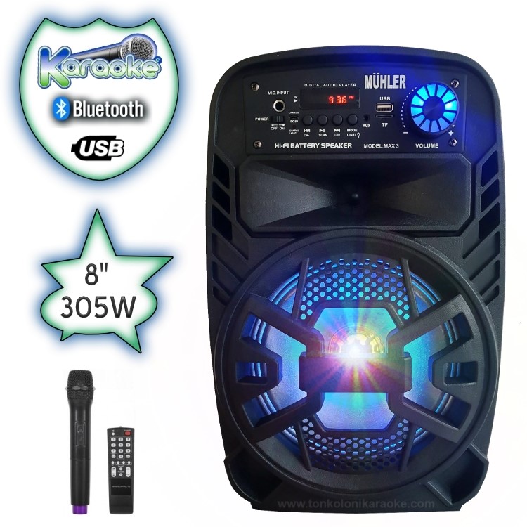 8"+5" Тонколона караоке Max3/PA80 с Bluetooth, Безжичен микрофон, USB, Радио, Цветомузика, Вграден акумулатор