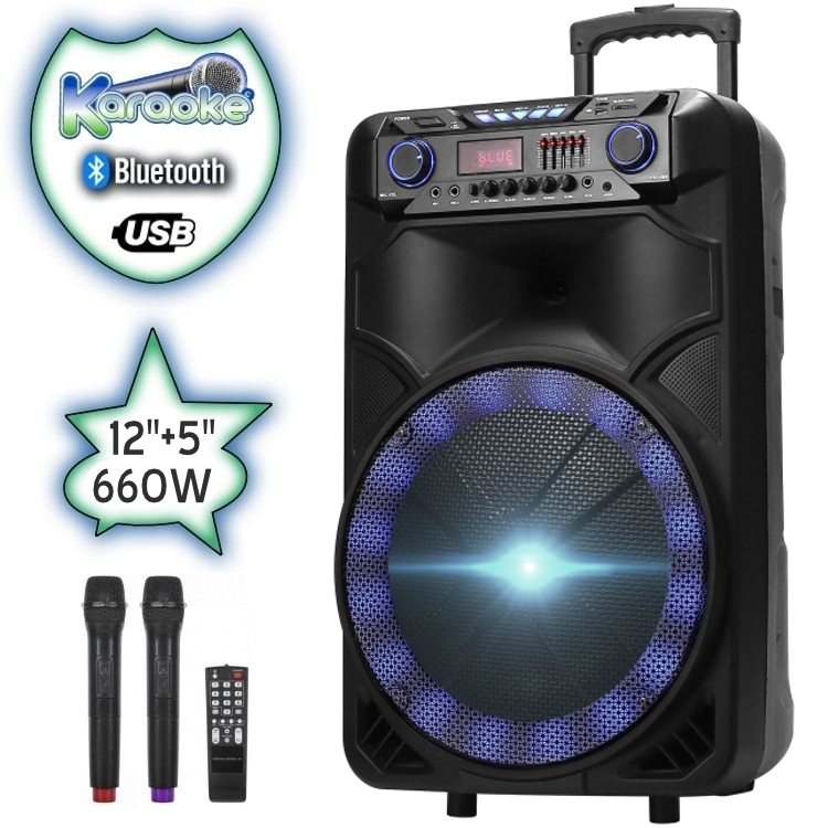 12" Тонколона караоке ЕК-1305 с Bluetooth, 2 Броя безжични микрофони, USB, Радио, Еквалайзер, Цветомузика, Вграден акумулатор