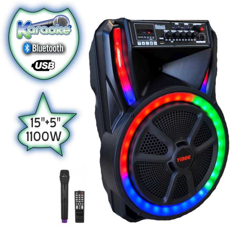 15"+ 5"Луксозна Тонколона караоке Super Bass YMD10-15 LUX с Bluetooth, Безжичен микрофон, USB, Радио, Цветомузика, Вграден акумулатор