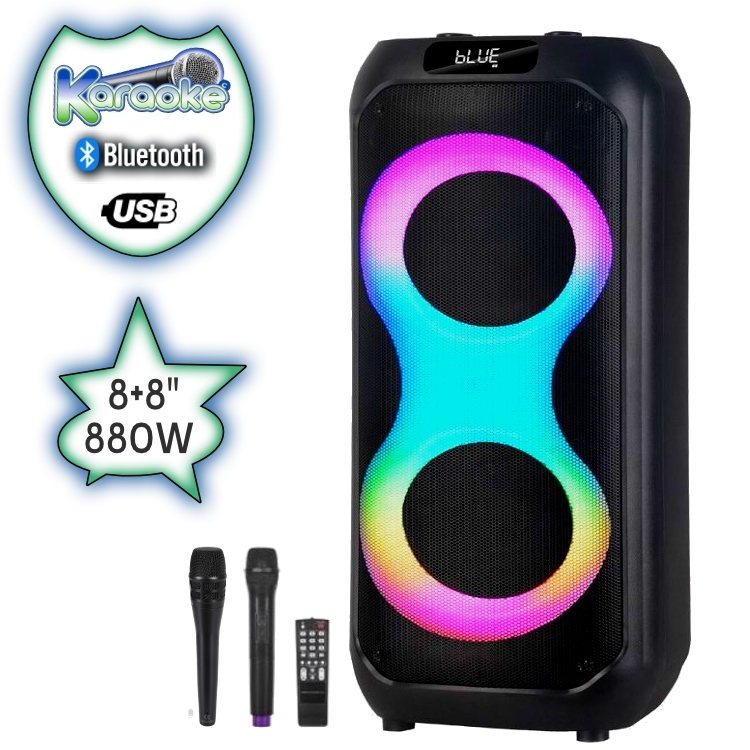8"+8" Тонколона караоке JBR 8802 LUX с Bluetooth, Безжичен микрофон, USB, Радио, Цветомузика, Вграден акумулатор + Подарък професионален микрофон