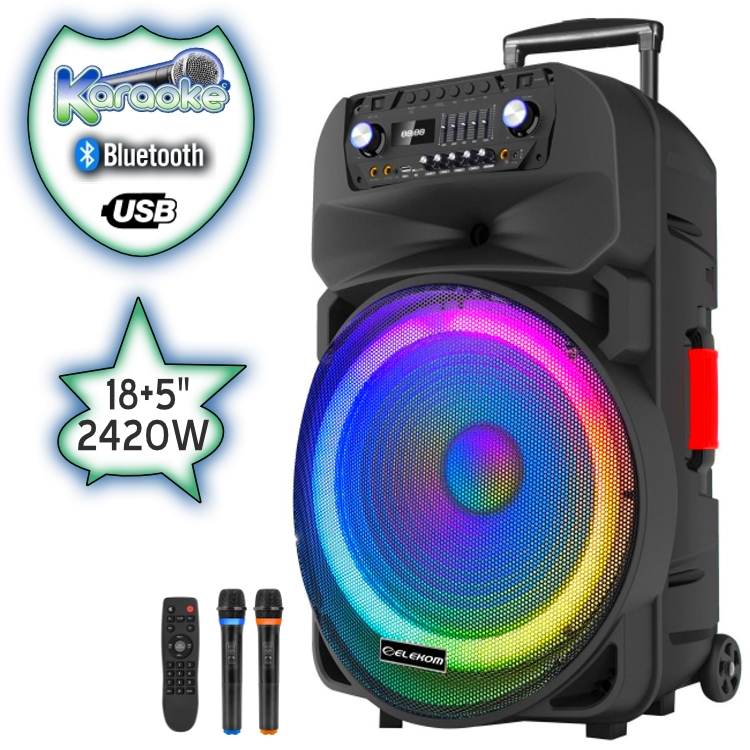 18"+ 5"Луксозна Тонколона караоке EXTRA BASS EK-1818 LUX с Bluetooth, 2 Броя безжични микрофони, USB, Радио, Цветомузика, Вграден акумулатор + ПОДАРЪК Професионален микрофон