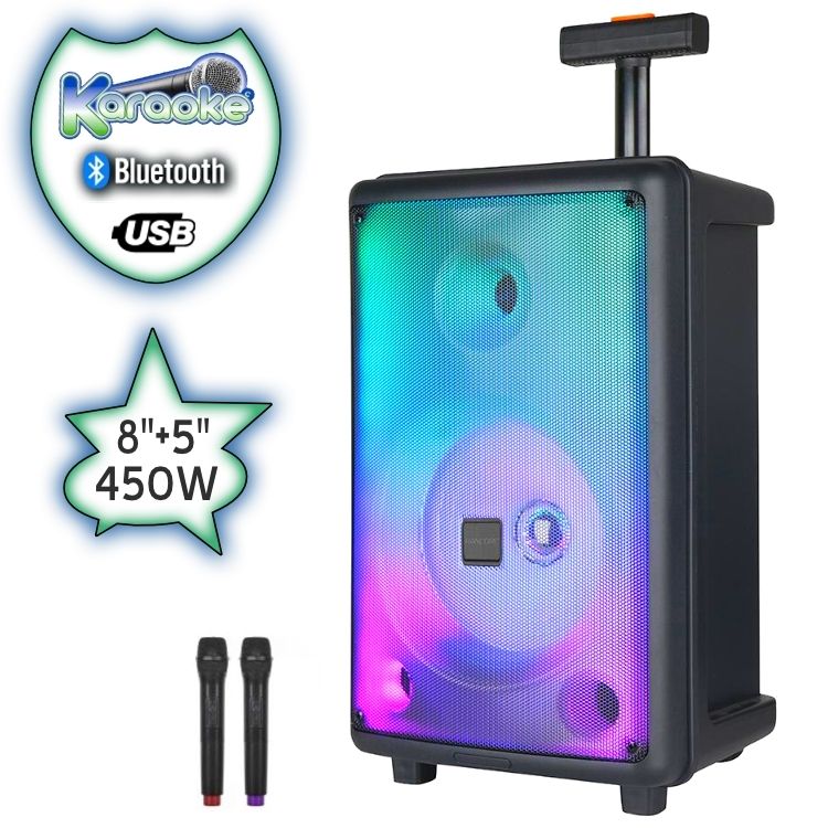 8"+ 5"Луксозна Тонколона караоке Rancore RS111XR LUX с Bluetooth, 2 броя Безжични микрофони, USB, Радио, Цветомузика, Вграден акумулатор + ПОДАРЪК Професионален микрофон