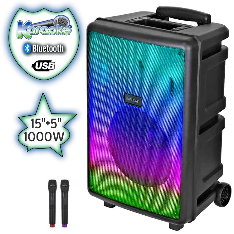 15"+ 5"Луксозна Тонколона караоке Rancore RS152XR LUX с Bluetooth, 2 броя Безжични микрофони, USB, Радио, Цветомузика, Вграден акумулатор + ПОДАРЪК Професионален микрофон