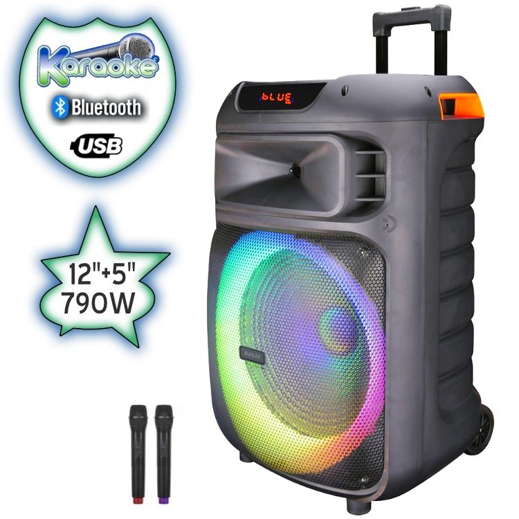 12"+ 5" Луксозна Тонколона караоке Muhler MAX333XR LUX с Bluetooth, 2 Броя безжични микрофони, USB, Радио, Цветомузика, Вграден акумулатор + ПОДАРЪК Професионален микрофон