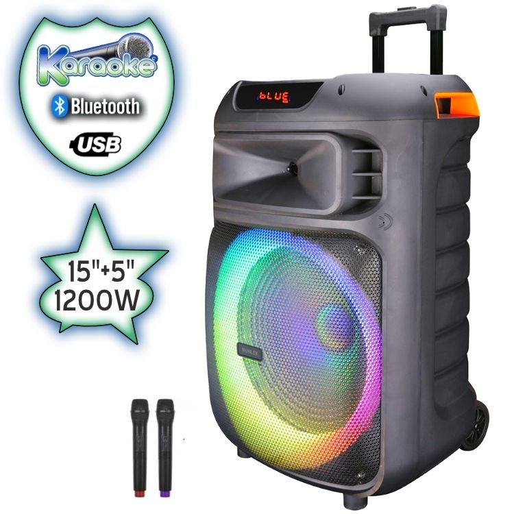 15"+ 5" Луксозна Тонколона караоке Muhler MAX777XR LUX с Bluetooth, 2 Броя безжични микрофони, USB, Радио, Цветомузика, Вграден акумулатор + ПОДАРЪК Професионален микрофон