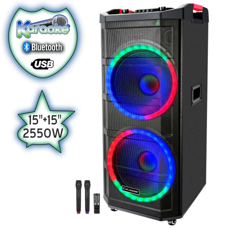 Двойна 15"+ 15" Луксозна Тонколона караоке EXTRA BASS EK-1512 LUX с Bluetooth, 2 Броя безжични микрофони, USB, Радио, Цветомузика, Вграден акумулатор + ПОДАРЪК Професионален микрофон
